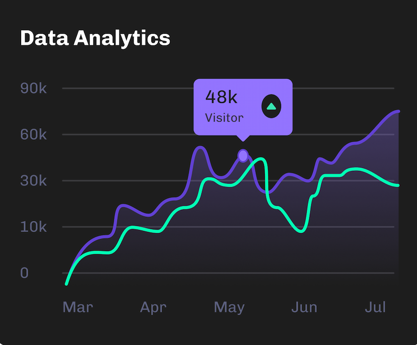 Line chart showing data analytics with a peak at 48k visitors in May, including two distinct trend lines for comparison.